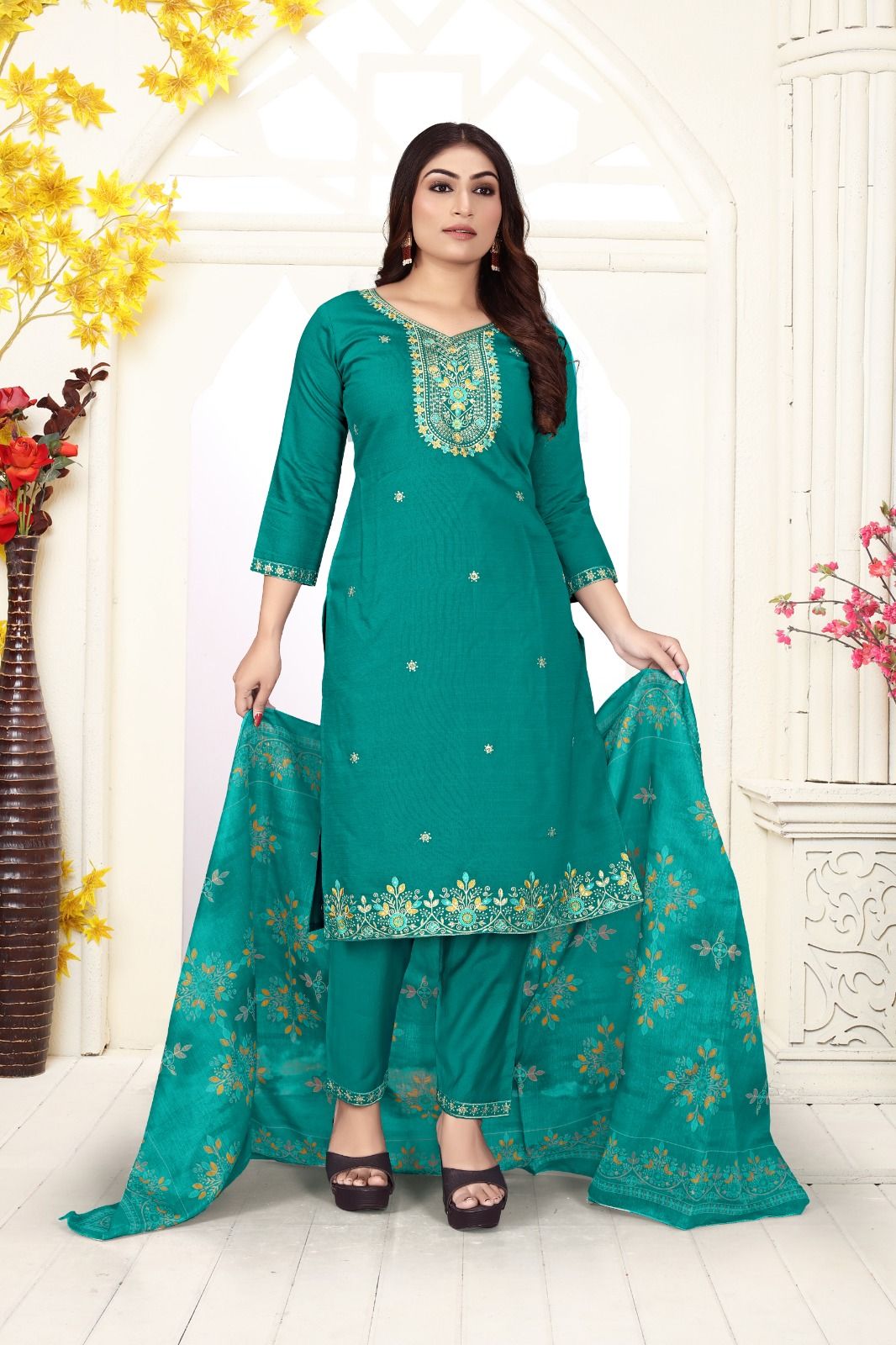 Bottle Green Pure Cotton Embroidered Ladies Kurta Set