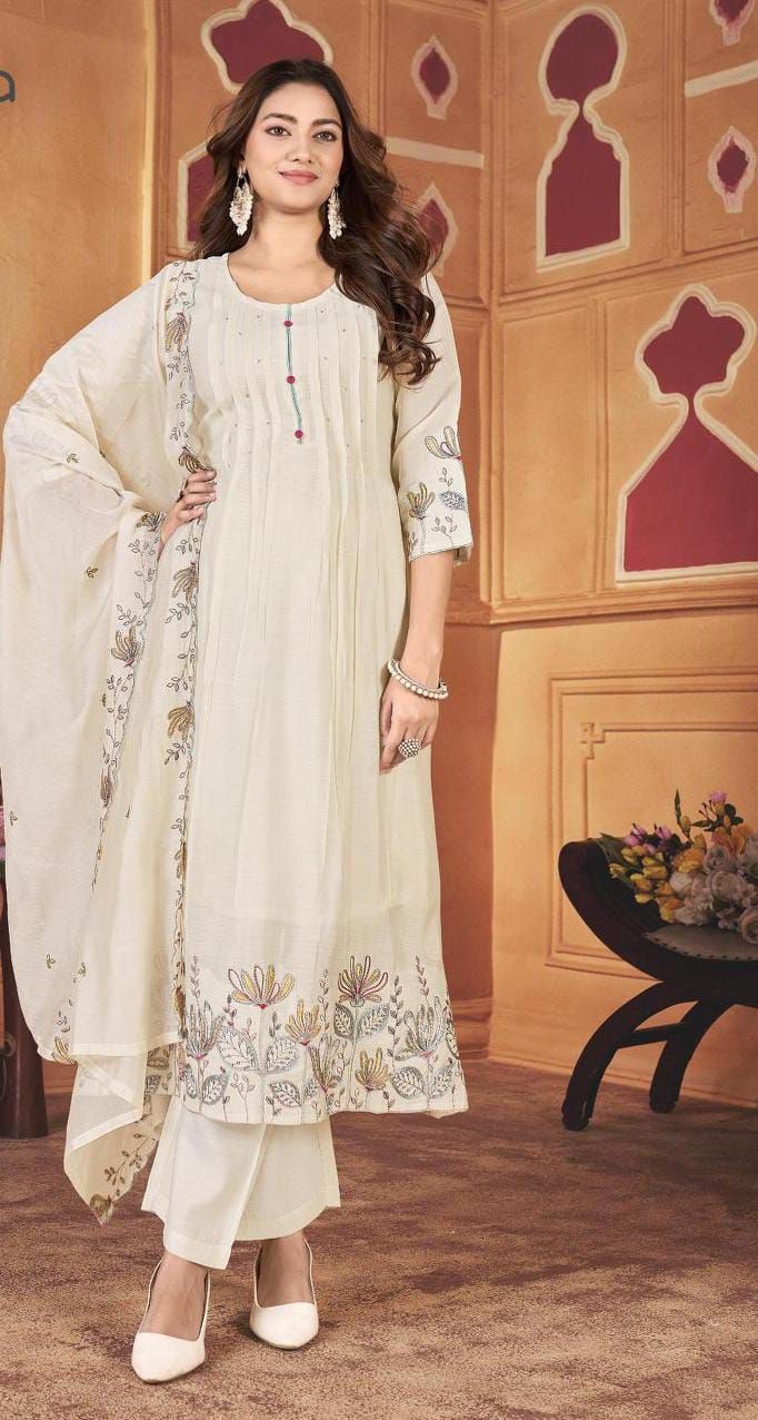 Creamy Mal Chanderi Embroidered Ladies Suit Set