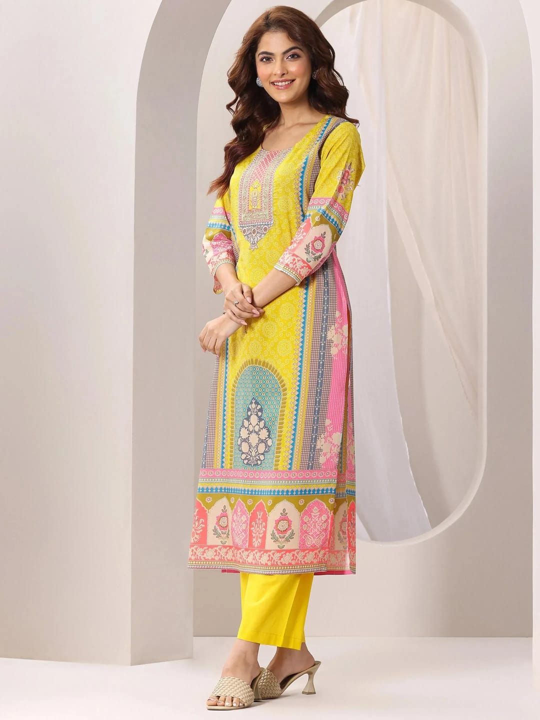 Yellow French Crepe Printed Ladies Kurta Set