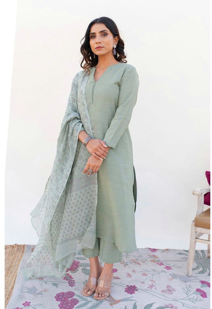 Muslin Fabric Sage Gray Ladies Kurta Suit Set