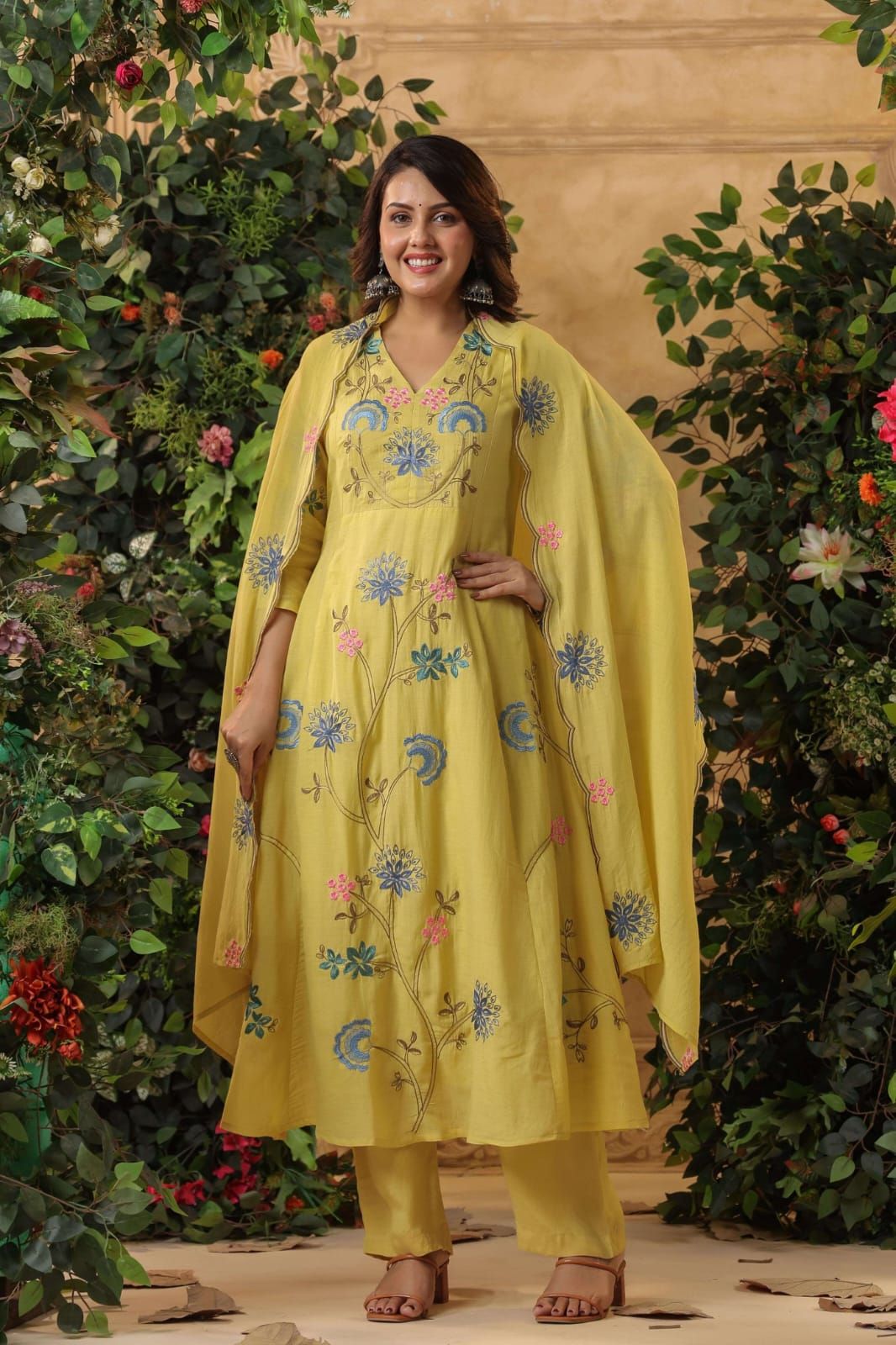 Mustard Yellow Viscose Chanderi Embroidered Ladies Kurta Set