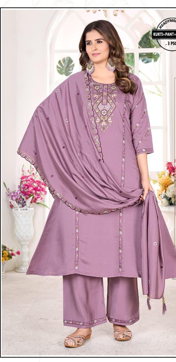 Lavender Embroidered Ladies Kurta Pant Dupatta Set