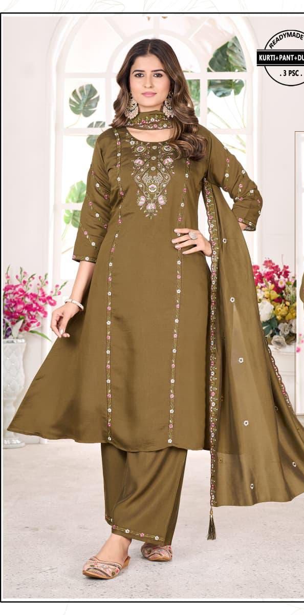 Golden Brown Embroidered Ladies Kurta Pant Dupatta Set