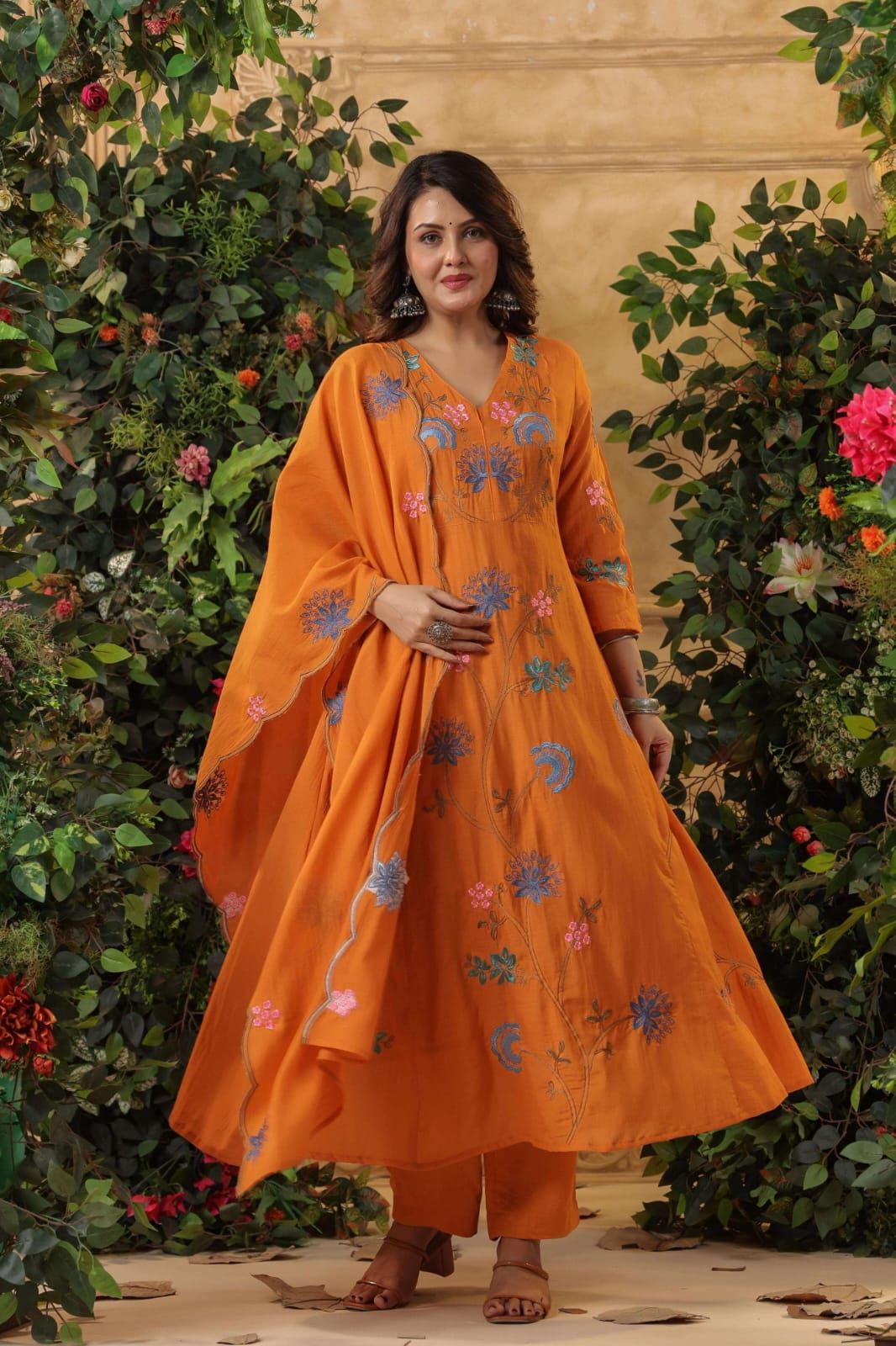 Rust Orange Viscose Chanderi Embroidered Ladies Kurta Set