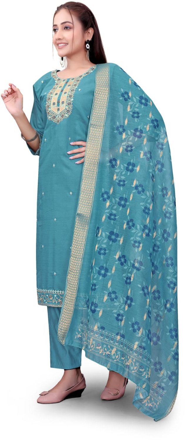 Aqua Blue Pure Cotton Embroidered Ladies Kurta Set