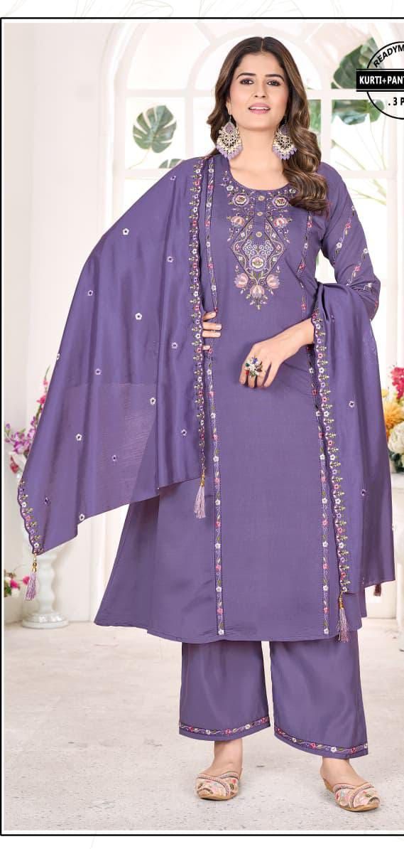 Vintage Violet Embroidered Ladies Kurta Pant Dupatta Set