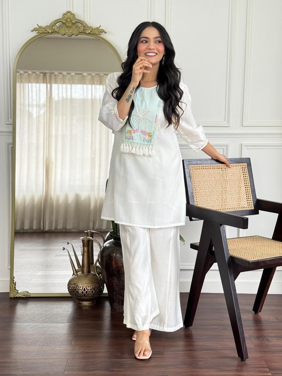 White Mal Chanderi Embroidered Ladies Co-Ord Set