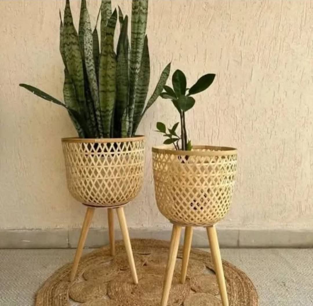 Bamboo Tripod Planter Basket Set