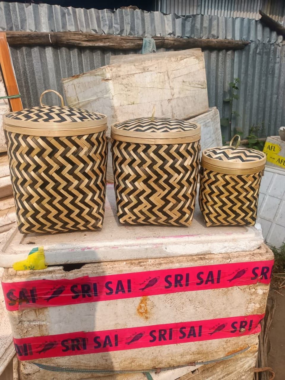 Bamboo Zigzag Loop Handle Basket Set