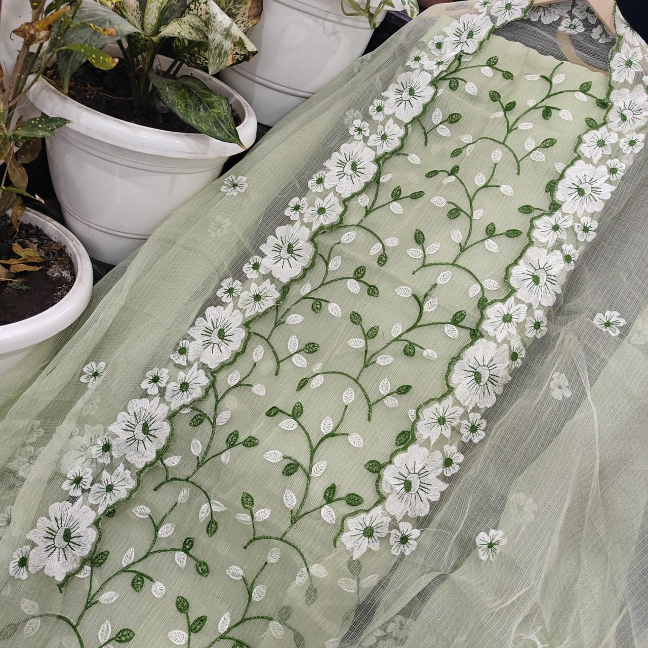 Ladies Cotton Green Floral Embroidered Suit