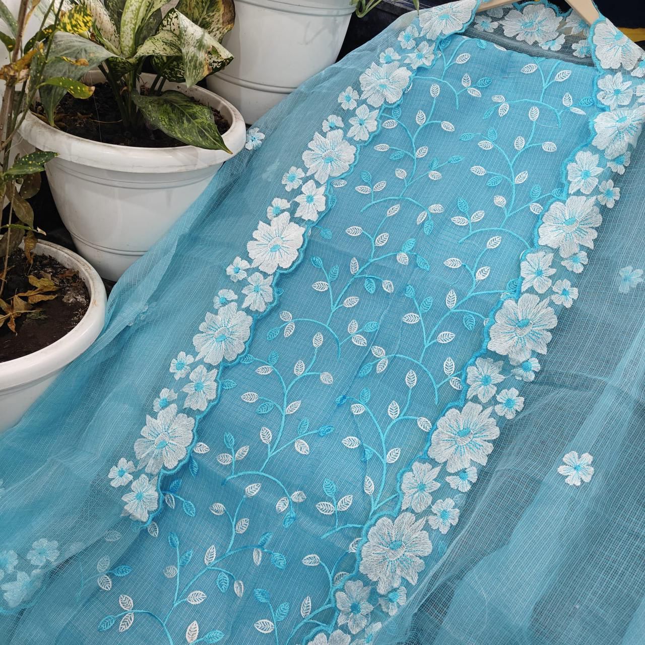Ladies Cotton Sky Blue Floral Embroidered Suit
