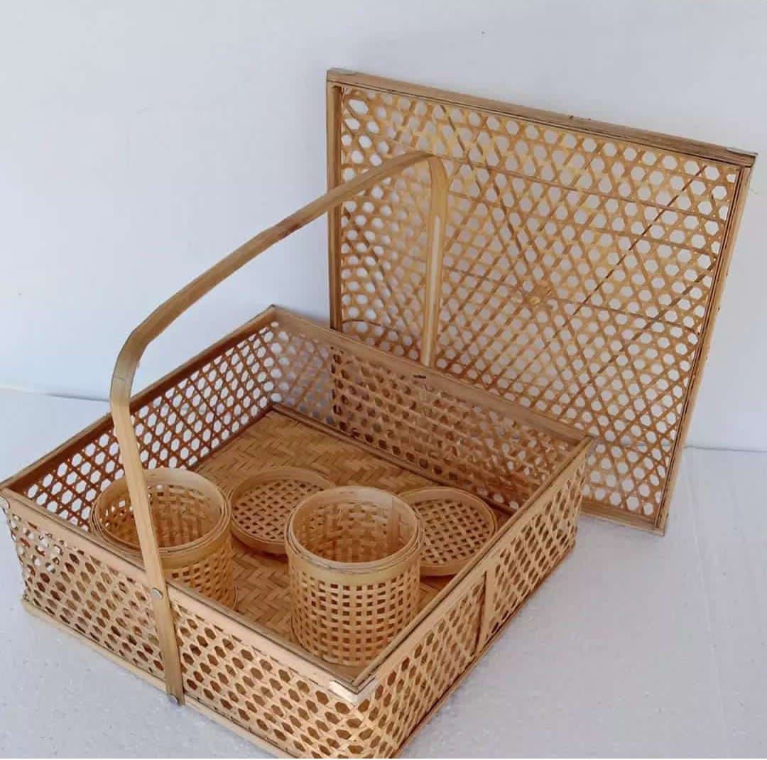 Natural Bamboo Handle Picnic Basket Set