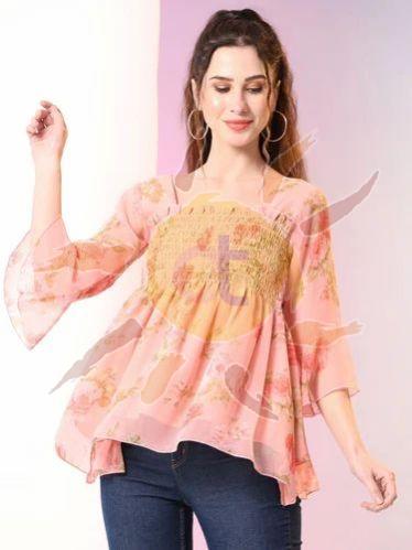 Ladies Peach Printed Tunic Top