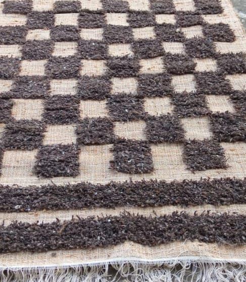 Brown Checkered Texture Handmade Wool Jute Rug