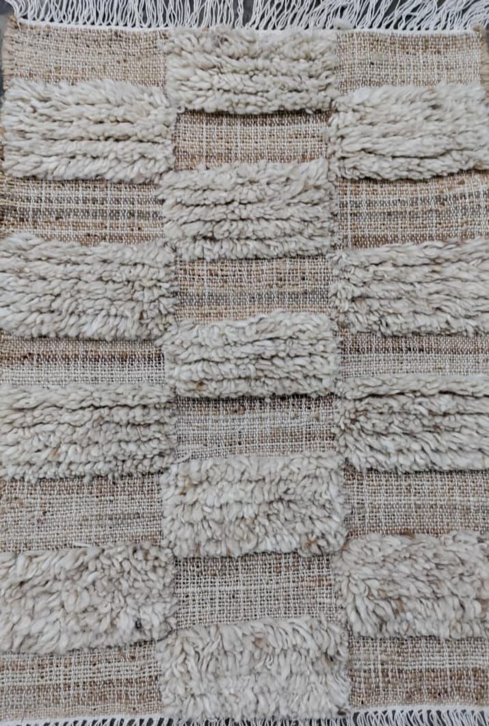 Cream Textured Block Handmade Wool Jute Rug