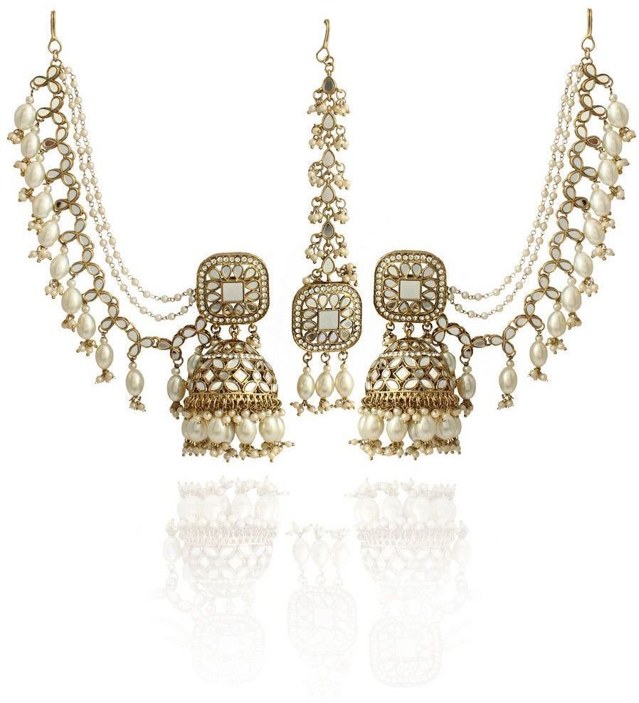 Traditional gold-plated Jhumka Earrings with Kundan and Mirror Work, Featuring Multiple Pearl Chains