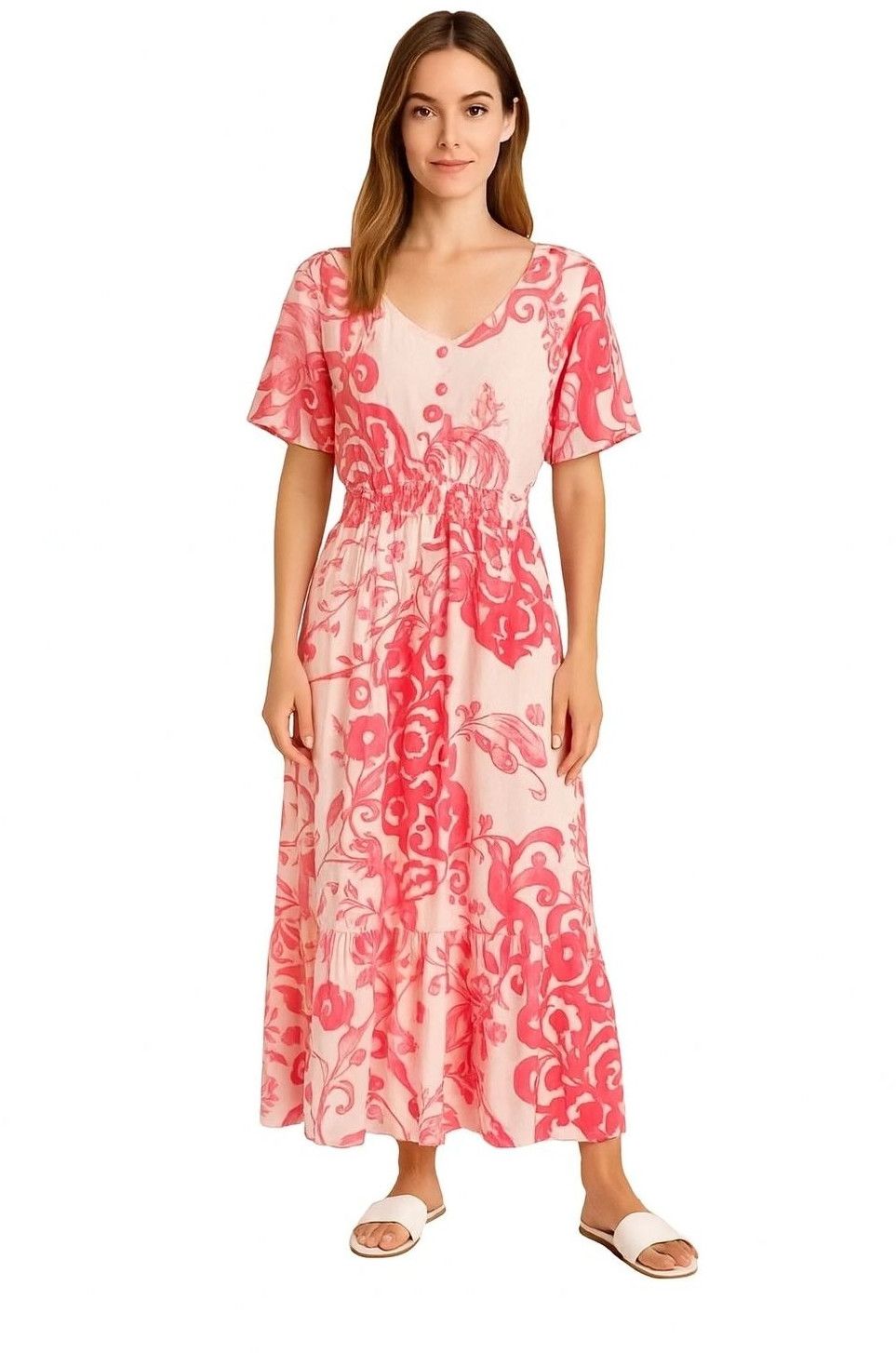 Ladies Pink Floral Casual Maxi Dress