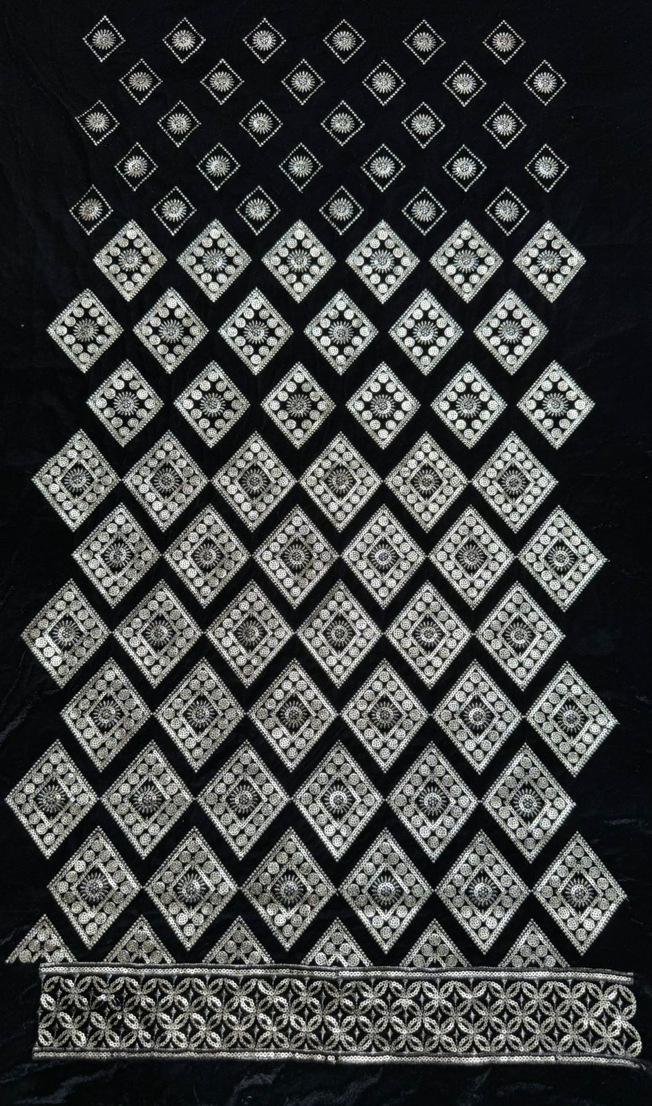Black Velvet Jari &AMP; Sequin Diamond Embroidered Fabric