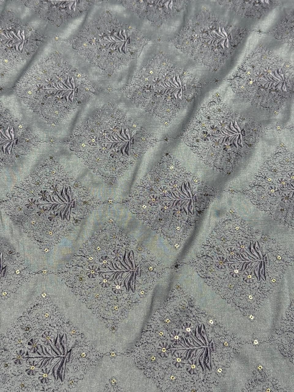 Blue &AMP; Grey Floral Diamond Sequin Embroidered Silk Fabric