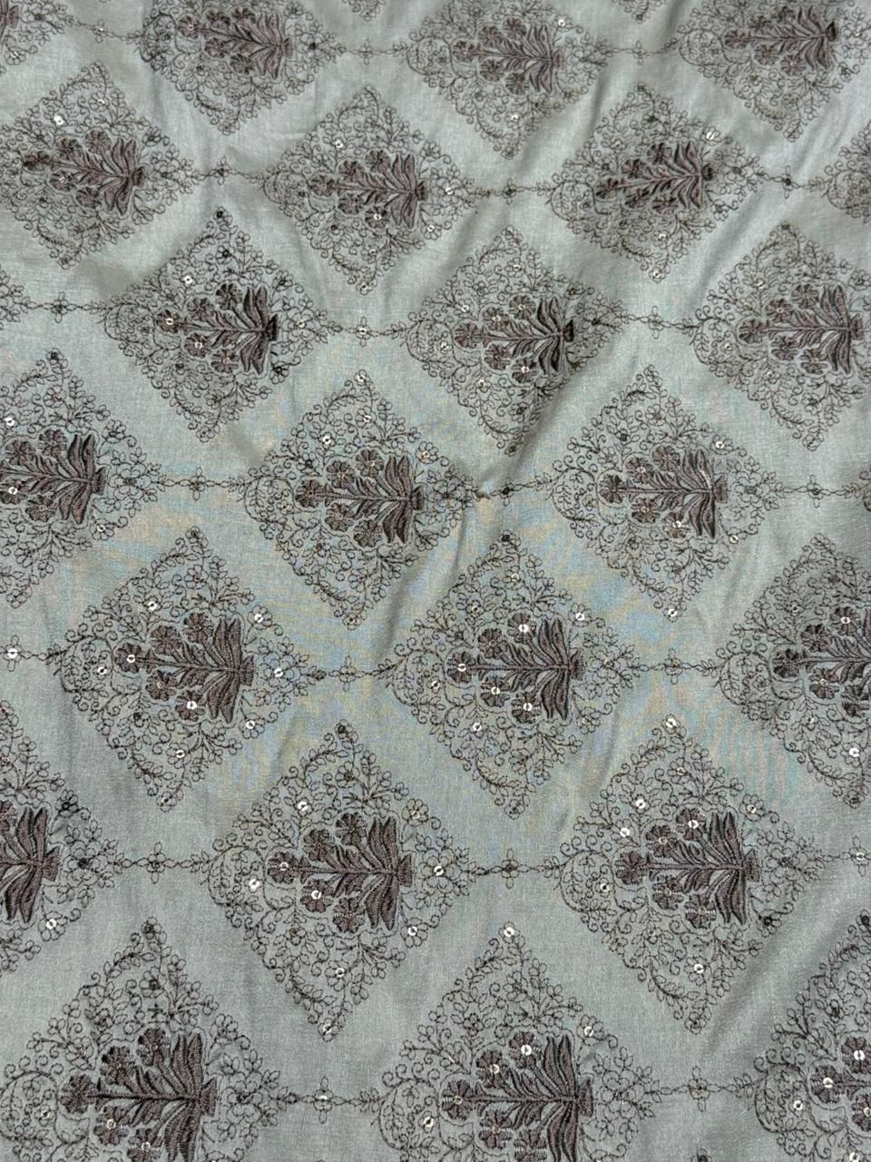Brown &AMP; Grey Floral Diamond Sequin Embroidered Silk Fabric
