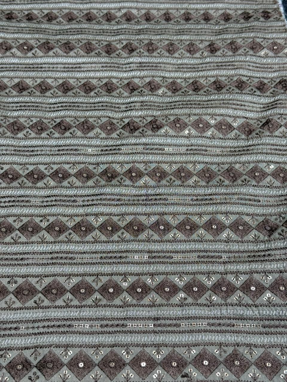 Brown &AMP; Grey Stripe Diamond Sequin Embroidered Silk Fabric