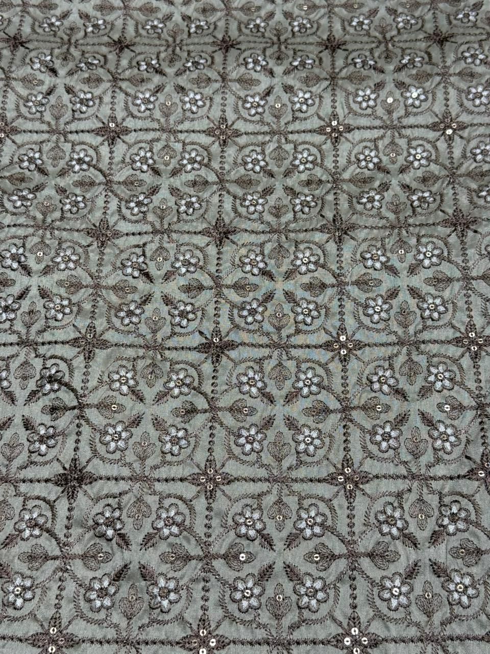 Brown Floral Embroidered Royal Silk Fabric