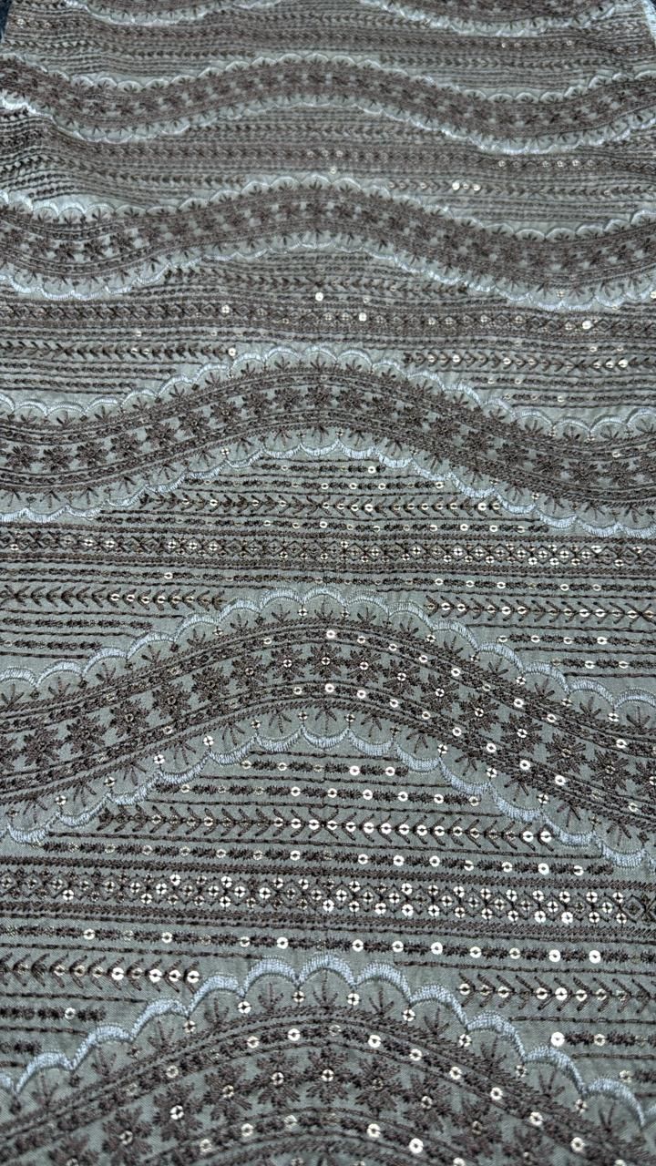 Brown Wave Sequin Embroidered Silk Fabric