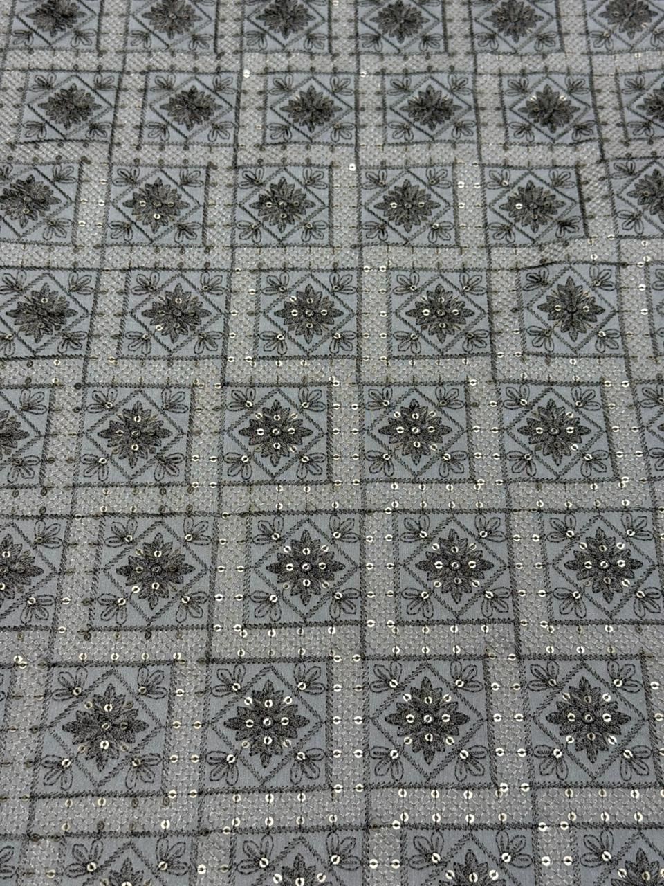 Charcoal Grey Sequin Embroidered Silk Fabric