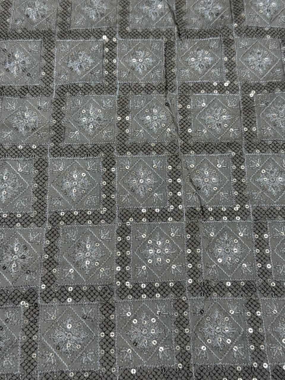Dark Grey Sequin Embroidered Silk Fabric