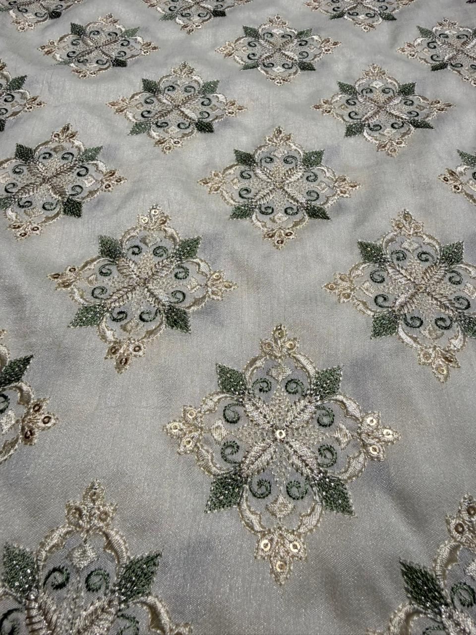 Grey &AMP; Golden Zari-Sequin Motif Embroidered Barfi Fabric