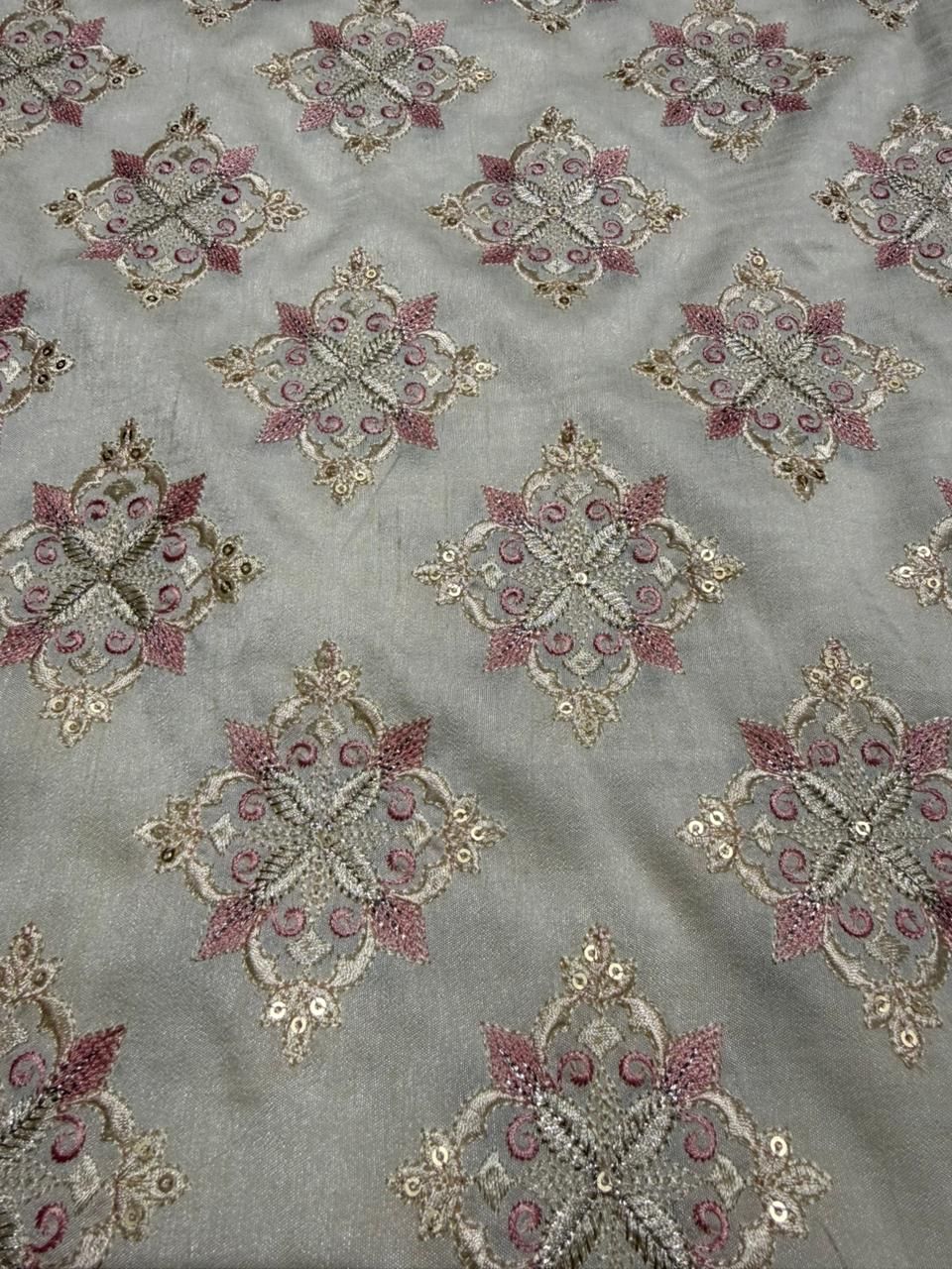 Grey &AMP; Pink Zari-Sequin Designer Embroidered Barfi Fabric
