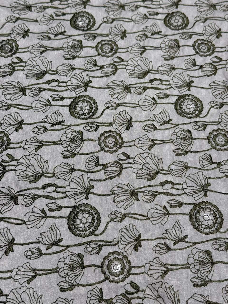 Grey Bloom Sequin Embroidered Neo Satin Fabric