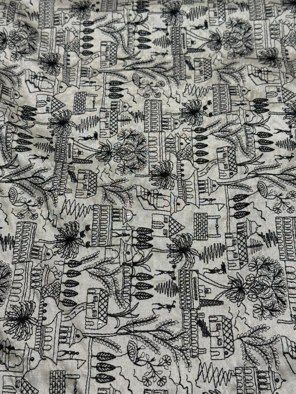 Grey Unique Pattern Sequin Embroidered Silk Fabric