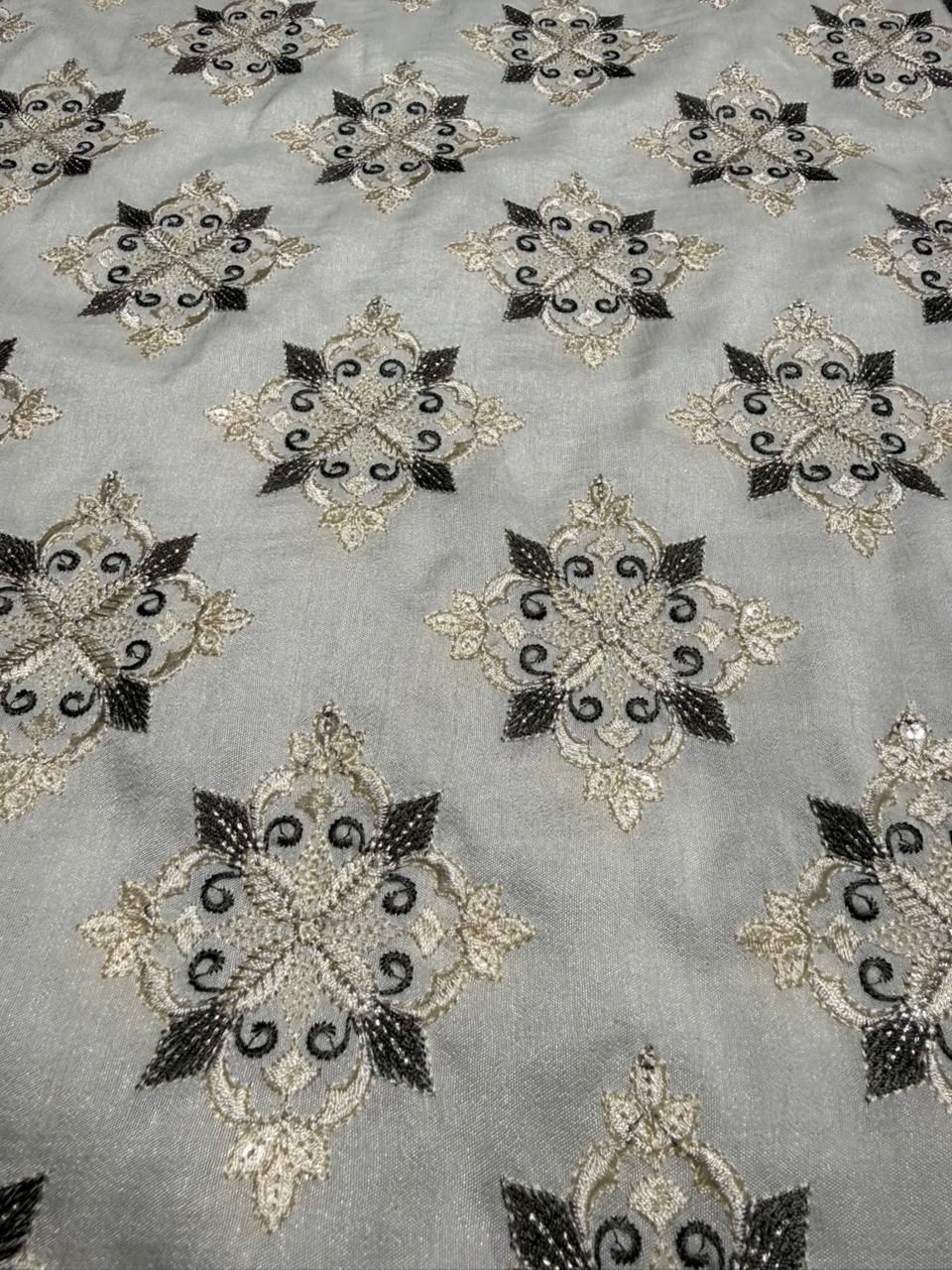 Grey Zari &AMP; Sequin Embroidered Barfi Fabric