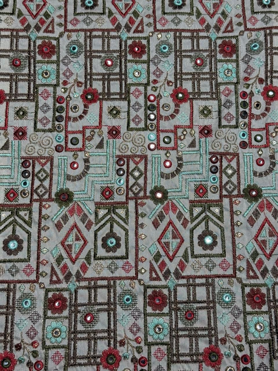 Multicolor Mirror &AMP; Sequin Embroidered Silk Fabric