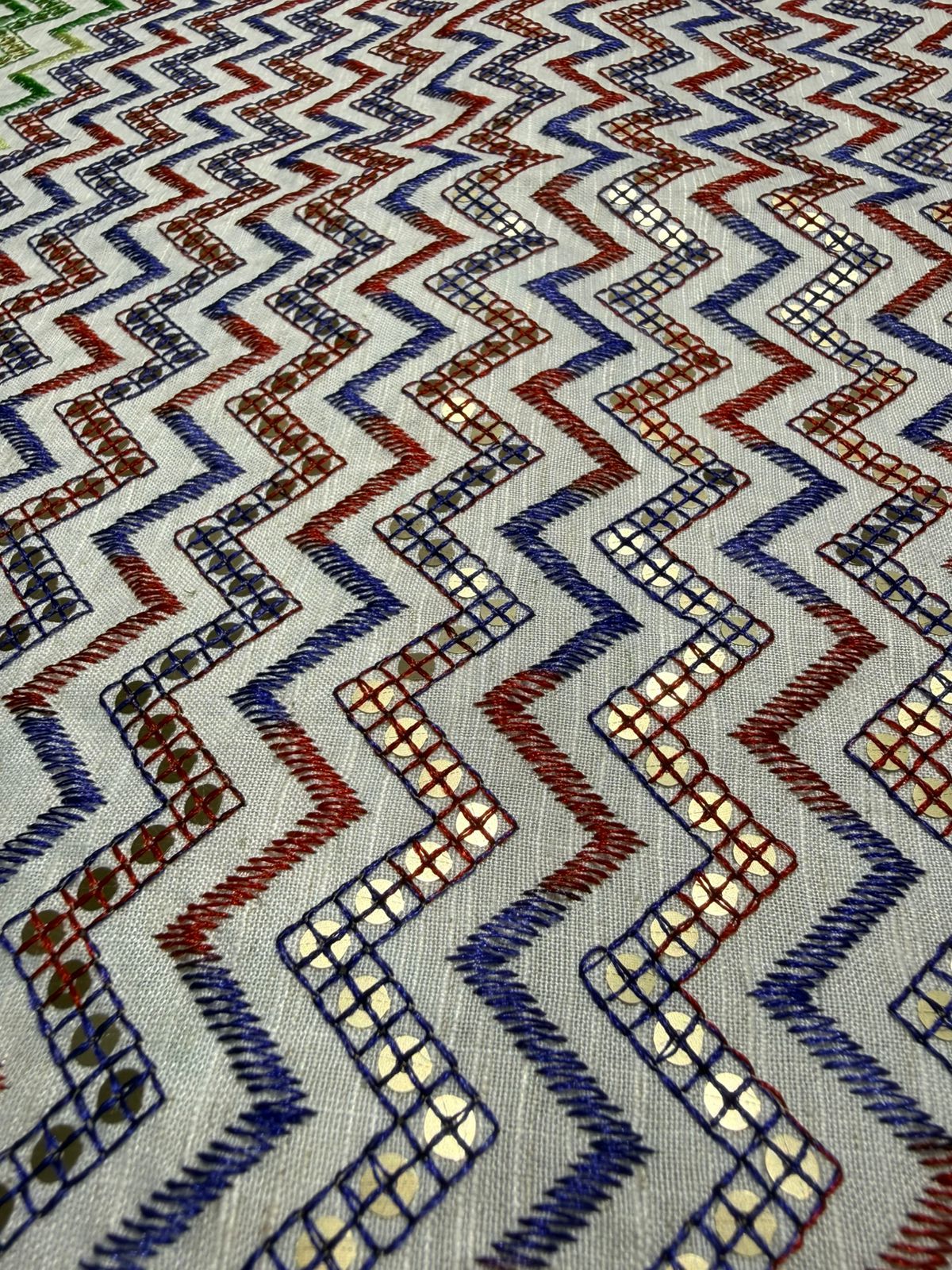 Multicolor Zigzag Gold Sequin Embroidered Royal Silk Fabric