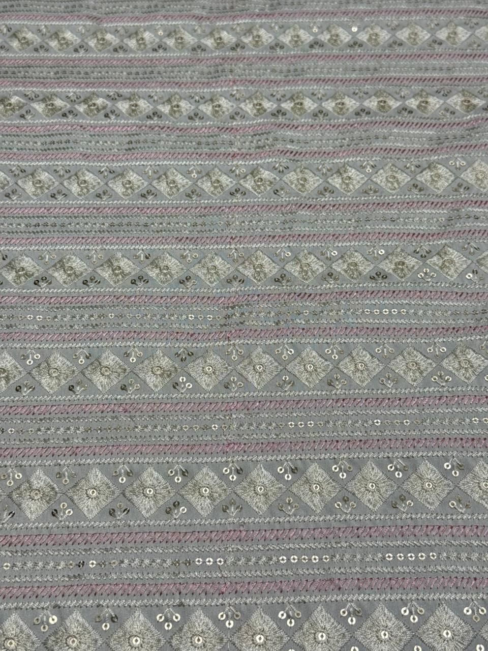 Pink &AMP; Grey Stripe Diamond Sequin Embroidered Silk Fabric