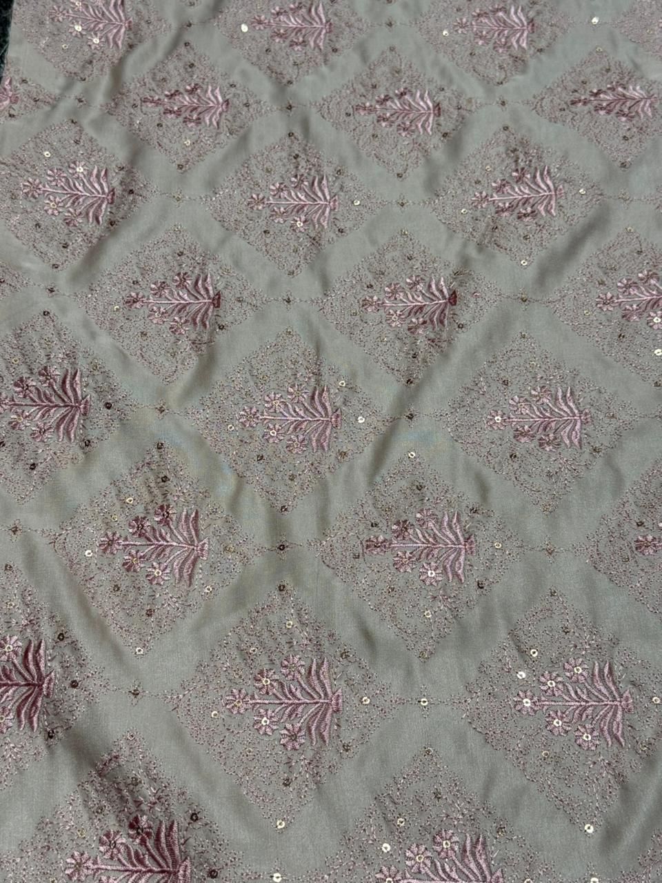 Pink Floral Diamond Sequin Embroidered Silk Fabric