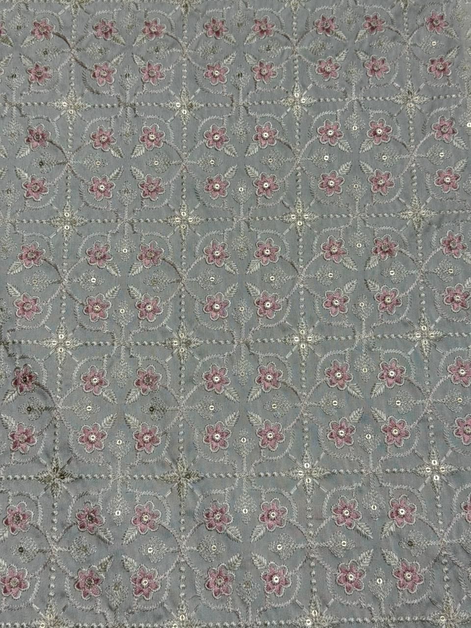 Pink Floral Grid Sequin Embroidered Royal Silk Fabric