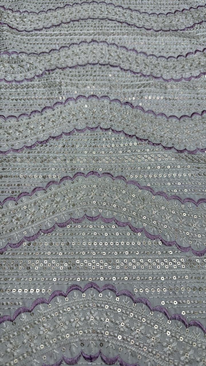 Purple Wave Sequin Embroidered Silk Fabric