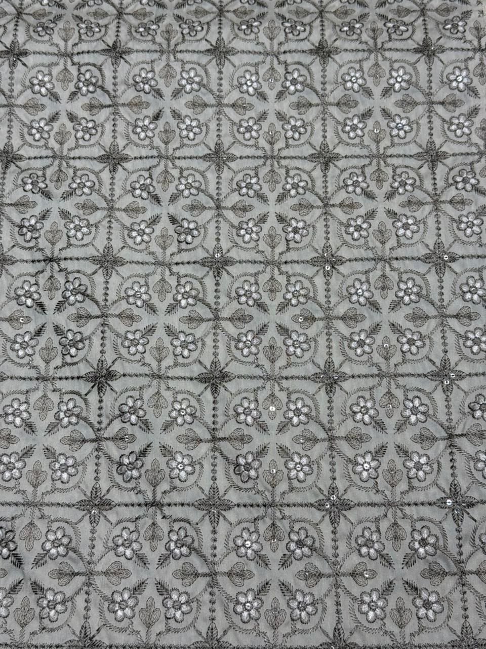 Silver Floral Grid Sequin Embroidered Royal Silk Fabric