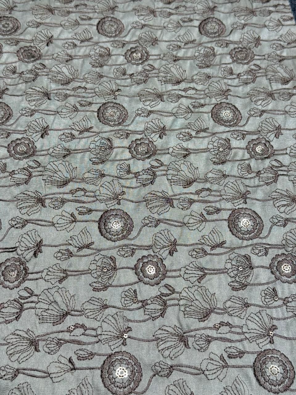 Silver Grey Sequin Embroidered Bio Satin Fabric