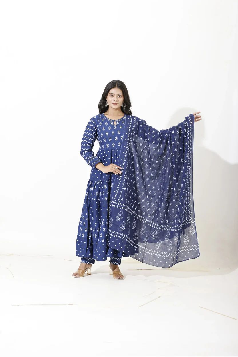 Indigo Bloom Tiered Anarkali Set