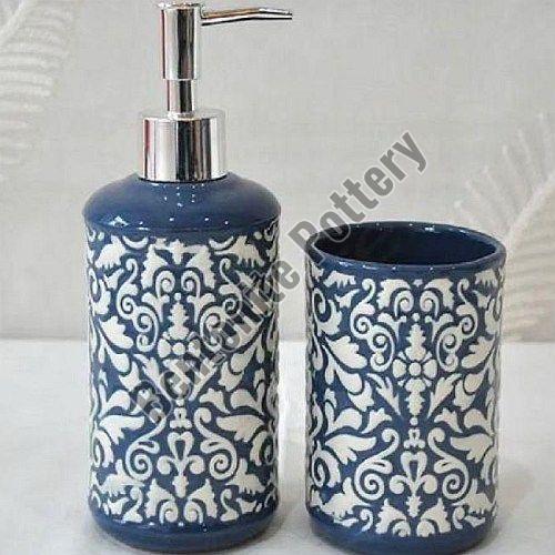 Blue Ceramic Soap Dispenser with Tooth Brush Stand