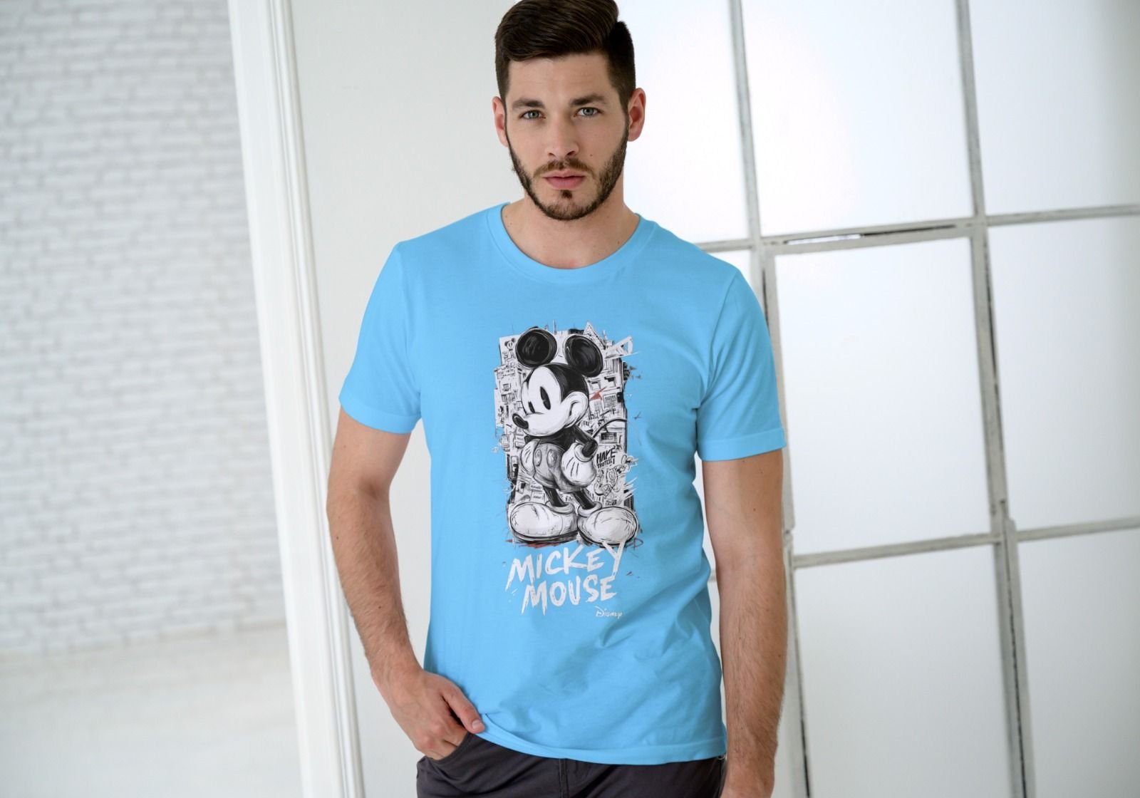 Sky Blue Men Printed Cotton T-Shirt for Men