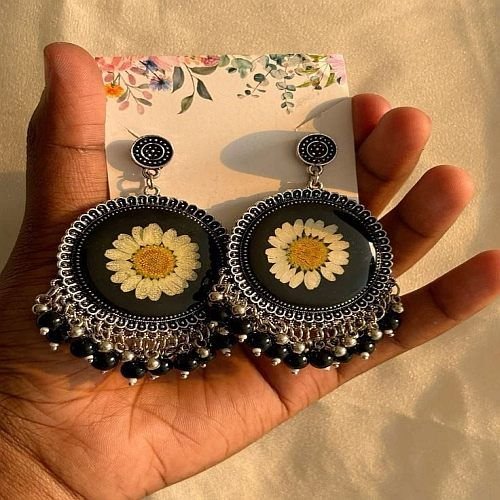 Black Round Resin Jhumka Earrings