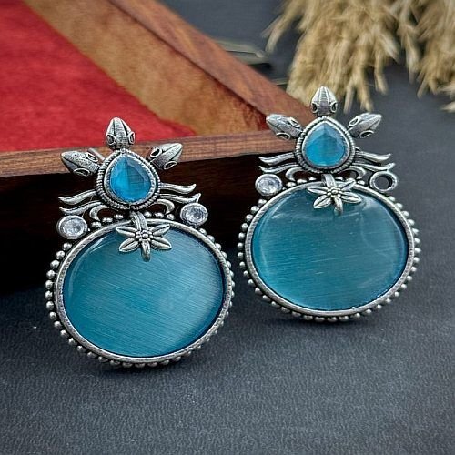 Sky Blue Stylish Oxidised Silver Stud Earrings