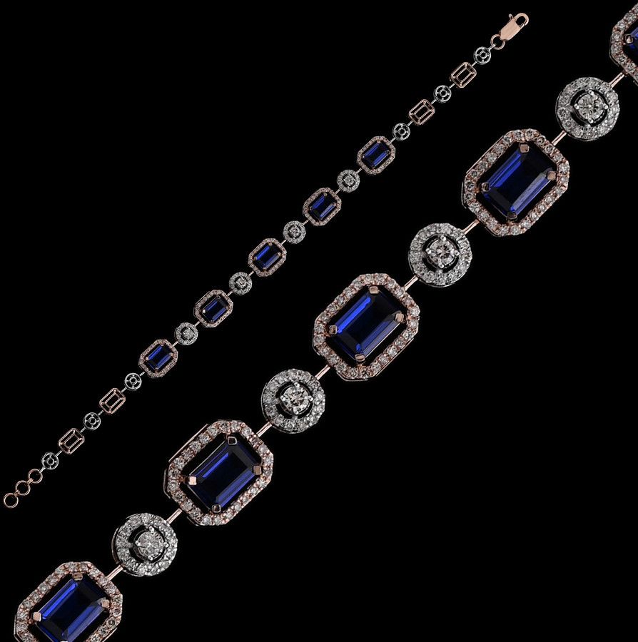 18k Rose Gold Emerald Cut Sapphire Diamond Bracelet