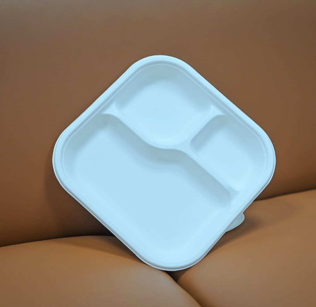 Square 3 Section Sugarcane Bagasse Meal Plates for Food Service