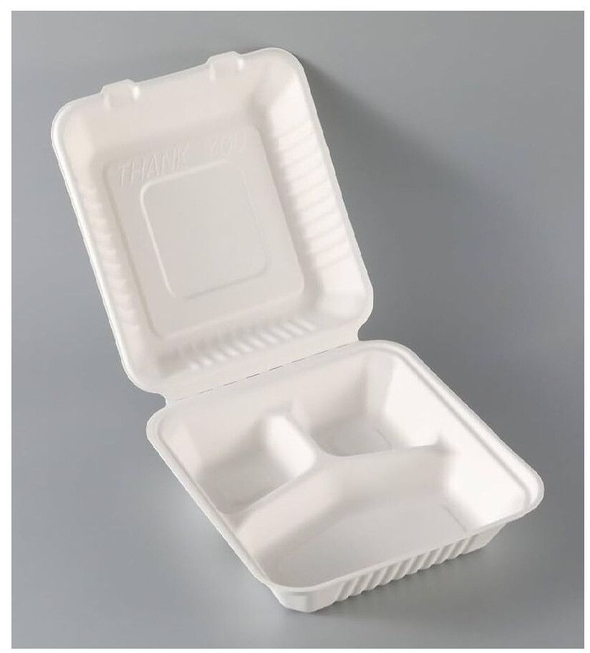 Sugarcane Bagasse 3-Compartment Hinged Meal Box